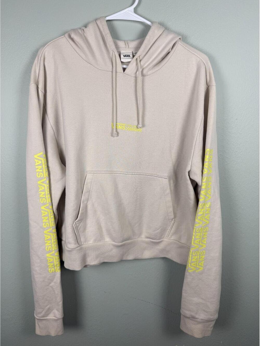 Vans Pullover Hoodie Beige Neon Yellow Logo Sleeve Graphic Size L